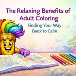 flow the coloring mascot sitting at table relaxing while coloring