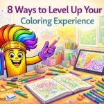 Flow the paintbrush mascot at a creative coloring desk with pencils, markers, coloring book, and digital tablet illustrating 8 ways to level up your coloring experience