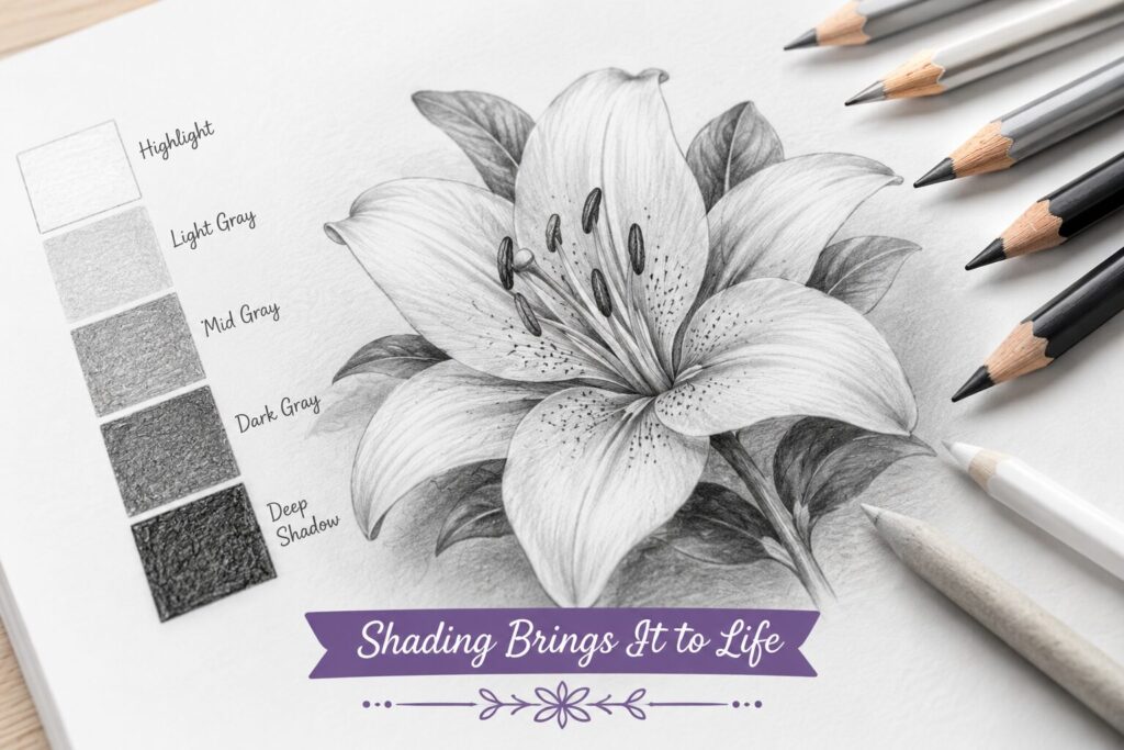 Grayscale flower coloring page showing light, mid, and dark gray shading values with colored pencils and blending tools.