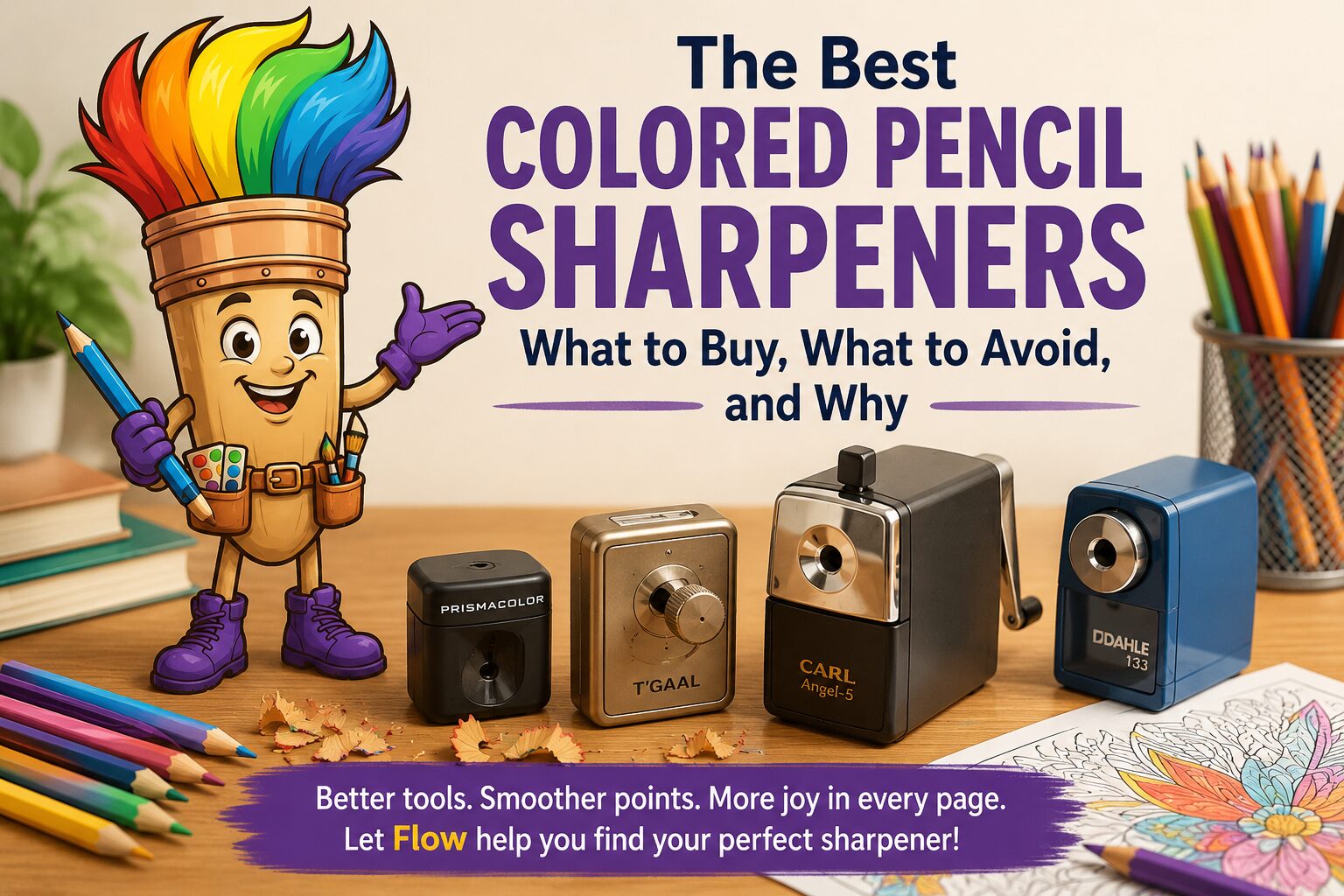 Flow the mascot with colored pencils and sharpeners