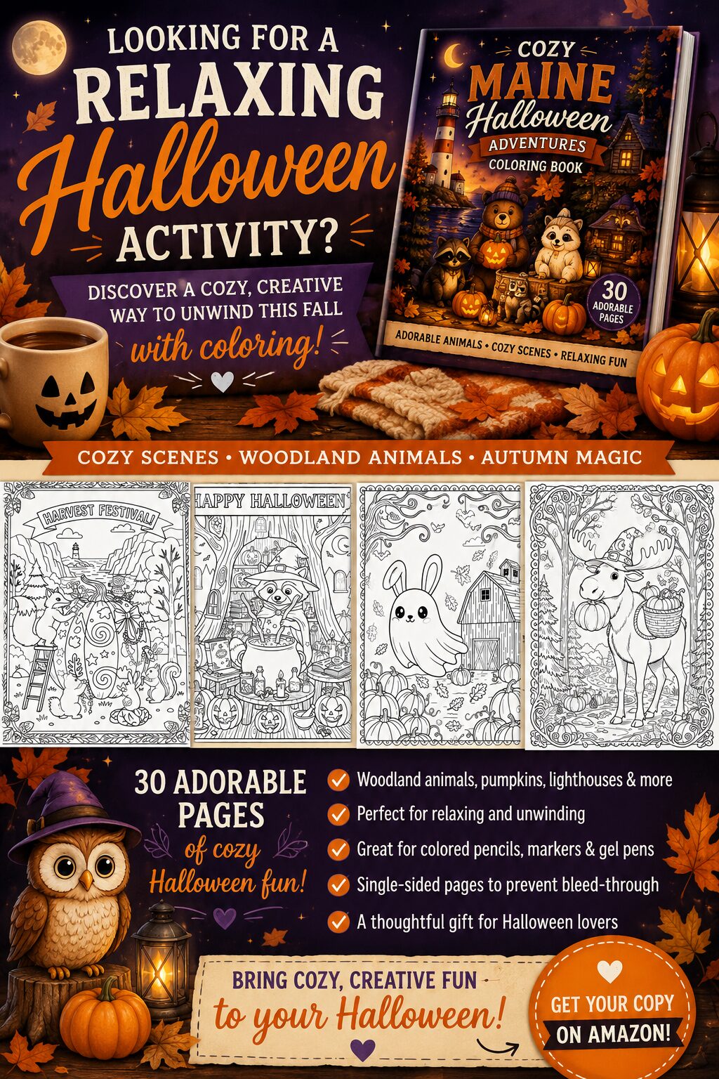 Pinterest graphic promoting Cozy Maine Halloween Adventures, showing the coloring book cover alongside four sample Halloween coloring pages and highlighting 30 relaxing autumn-themed illustrations.