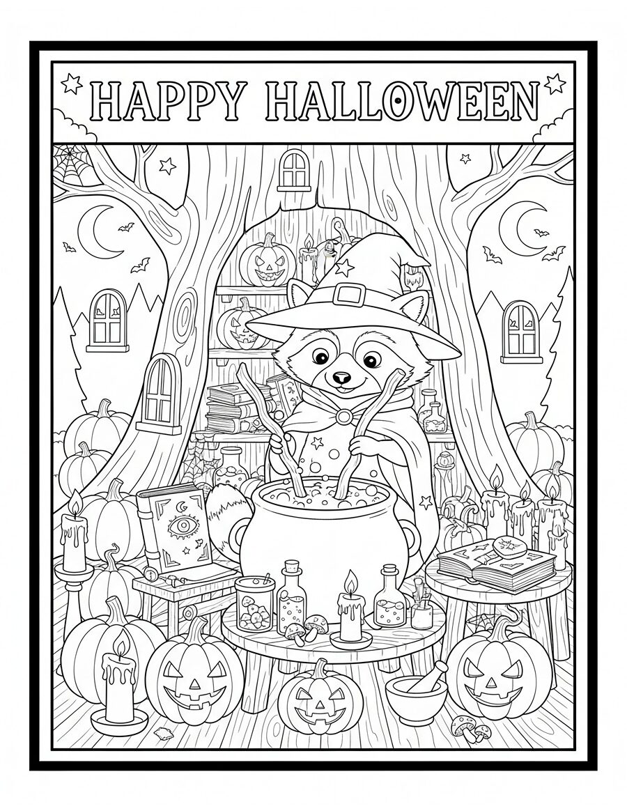 Happy Halloween woodland raccoon coloring page.