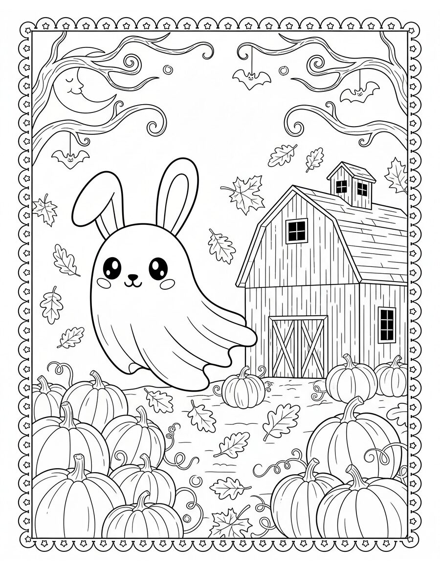 Ghost by the barn Halloween coloring page.