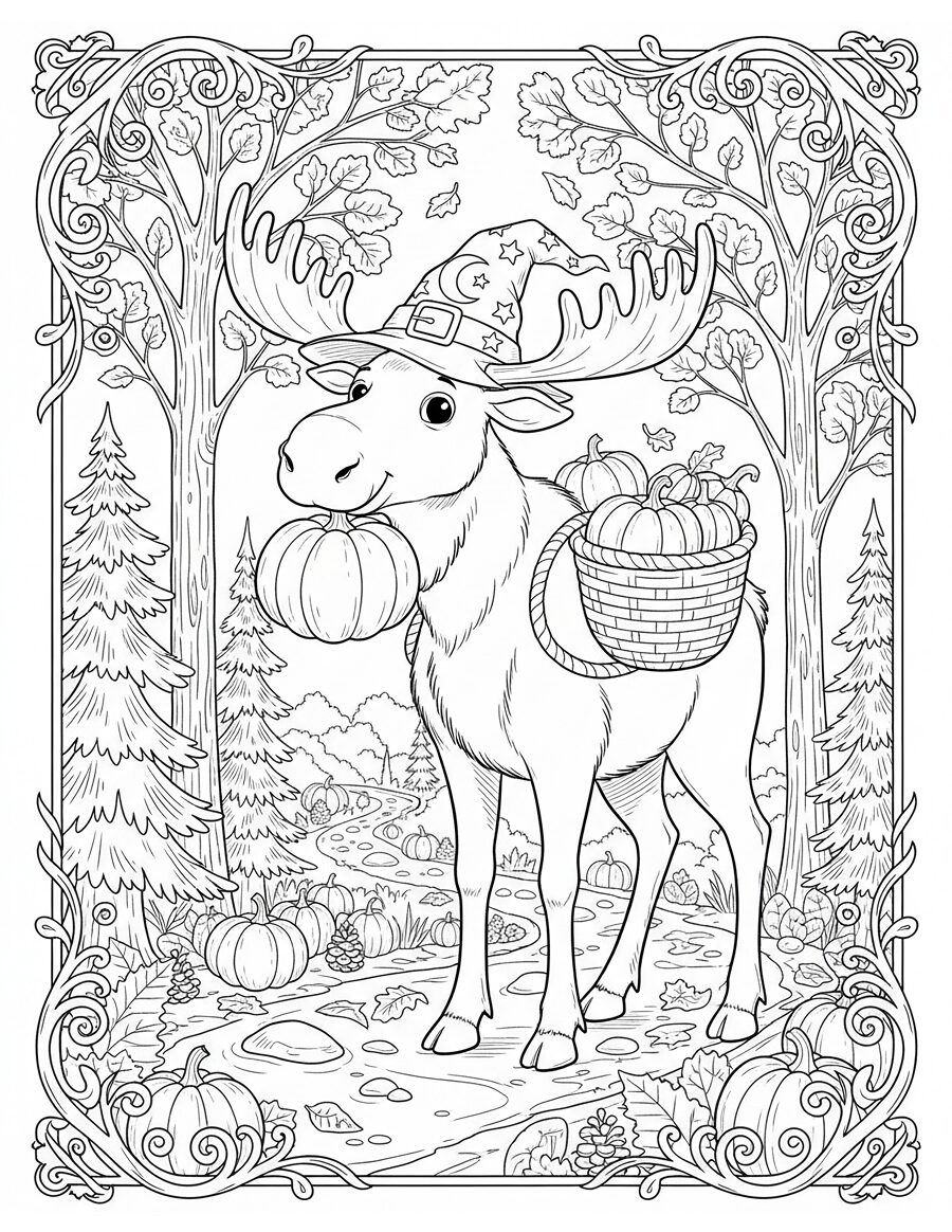 Large Gentle Bull Moose Dressed Up And Carrying A pumpkin..
