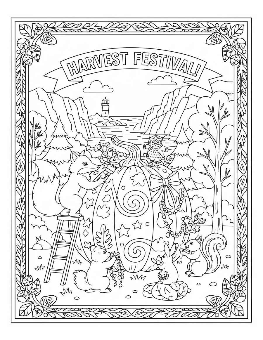 Harvest Festival Halloween coloring page featuring woodland animals decorating a giant pumpkin.